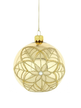 A set of 6 glass Christmas baubles in light gold color with an ornamental decoration.