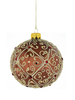 A set of 6 glass Christmas baubles in brown color with an ornamental decoration.