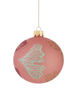 Set of 6 glass Christmas baubles with a glittering ginkgo leaf pattern