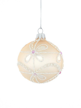 Set of 6 glass Christmas tree baubles with a flower motif on a pastel background