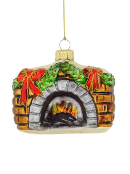 A glass Christmas bauble in the shape of a Christmas fireplace