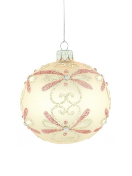 A set of 6 glass Christmas baubles with ornamental decoration.