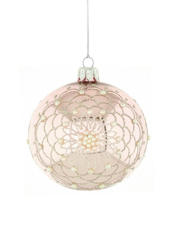 A set of 6 glass Christmas baubles with ornamental decoration.