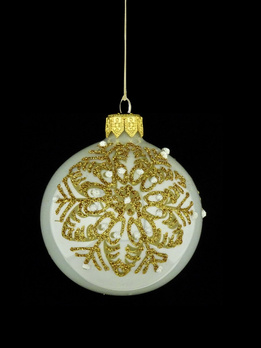 A set of 6  glass Christmas baubles with a snowflake motif.