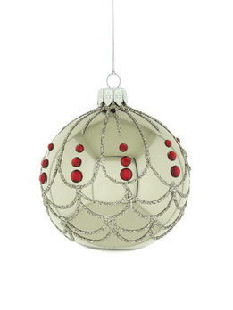 A set of 6 glass Christmas baubles with an ornamental decoration.