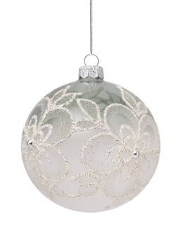 Set of 4 glass Christmas baubles with a glitter flower pattern and pearls