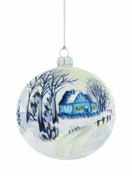  Glass Christmas bauble with a painted winter landscape on a white background