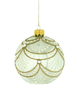 A set of 6 glass Christmas baubles with an ornamental decoration.