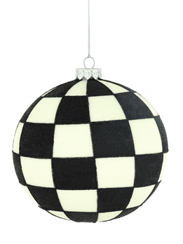 A glass Christmas bauble with a checkered pattern motif