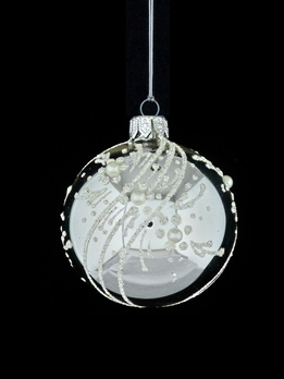 A set of 6 glass Christmas baubles with ornamental decoration.