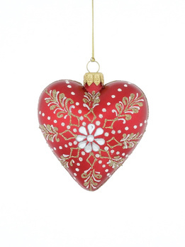 Set of 6 glass Christmas tree baubles in the shape of a burgundy heart