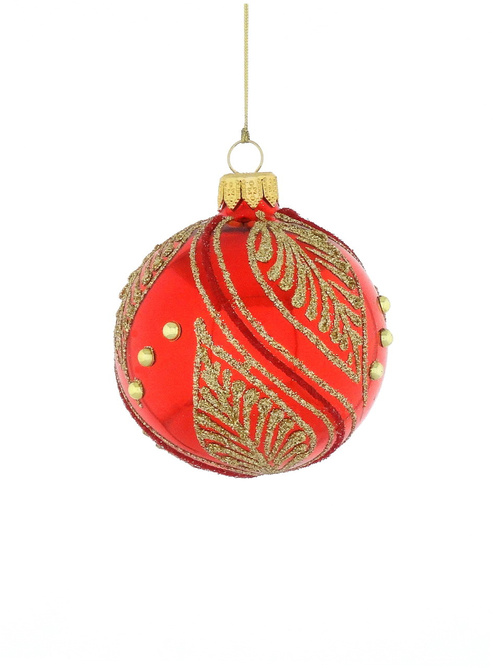 A set of 6 red glass Christmas baubles with gold decoration