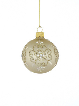 Set of 6 beige glass Christmas tree baubles with ornamental decoration