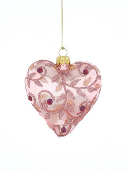 Set of 6 heart-shaped glass Christmas tree baubles with a twig motif