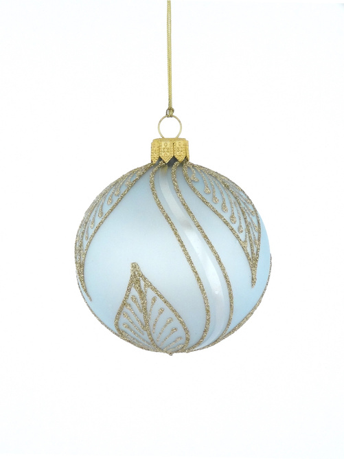 A set of 6 glass Christmas tree baubles in blue color with a twig motif