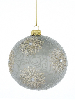 Set of 4 glass Christmas tree baubles with a flower motif in champagne color