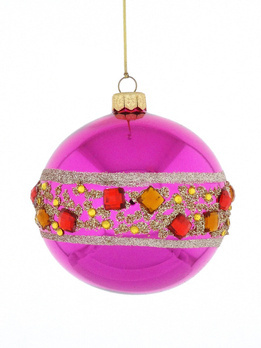 Set of 4 magenta glass Christmas tree baubles with crystals