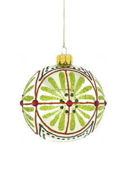 A set of 6 glass Christmas baubles with a  ornamental decoration.