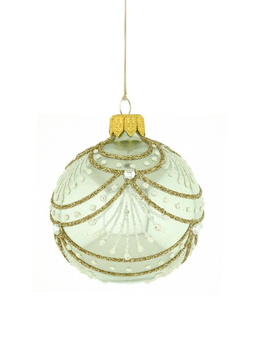 A set of 6 glass Christmas baubles with an ornamental decoration.