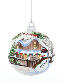 Glass Christmas tree bauble with a snowman motif and a house