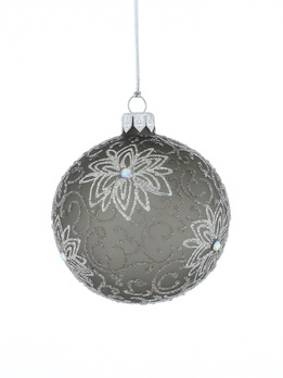 Set of 6 glass Christmas tree baubles with a flower motif on a navy blue background