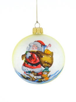 A glass Christmas tree bauble with a drawing of Santa Claus