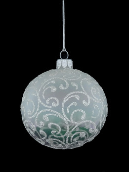 A set of 6 white glass Christmas baubles with a swirl motif
