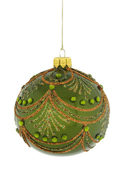 A set of 6 glass Christmas baubles with a  ornamental decoration.
