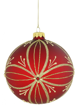 A glass Christmas bauble with ornamental decoration.
