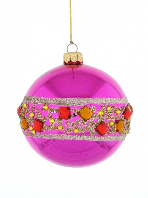 Set of 4 magenta glass Christmas tree baubles with crystals