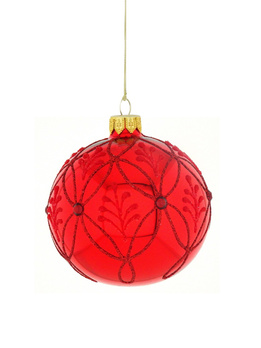 A set of 6 glass Christmas baubles with ornamental decoration.