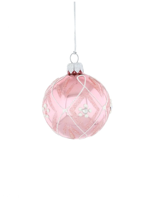 A set of 6 glass Christmas tree baubles in pink color with a silver crystal