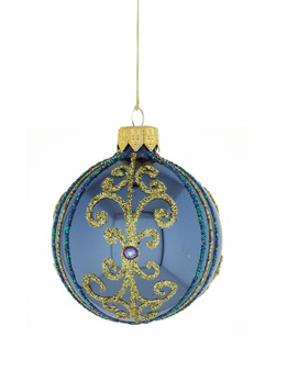 A set of 6 glass Christmas baubles in gold color with an ornamental decoration.