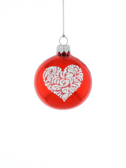 Set of 6 glass Christmas baubles with a heart motif