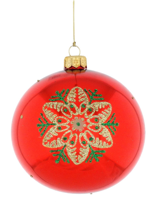 Set of 4 red glass Christmas tree baubles with a snowflake motif