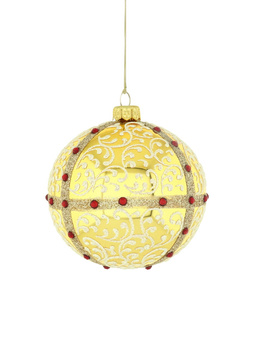 A set of 6 glass Christmas baubles in gold color with an ornamental decoration.