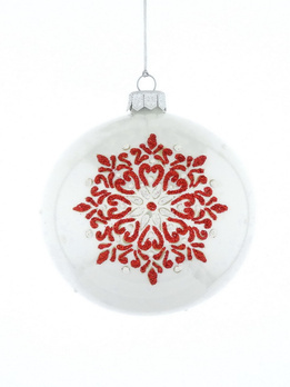Set of 4 glass Christmas baubles with a red snowflake