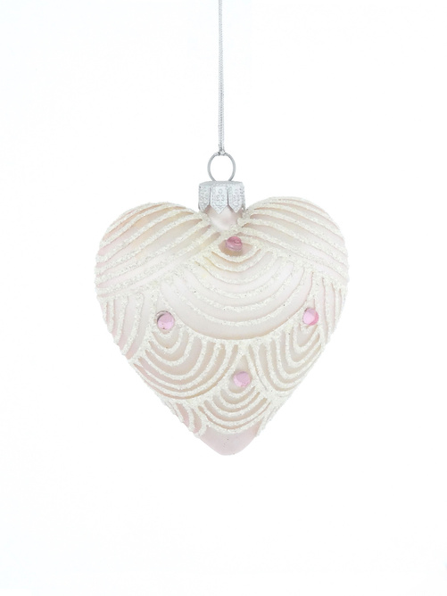 Set of 6 heart-shaped glass Christmas baubles with ornamental decoration