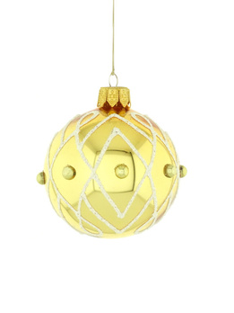 A set of 6 glass Christmas baubles in gold color with an ornamental decoration.