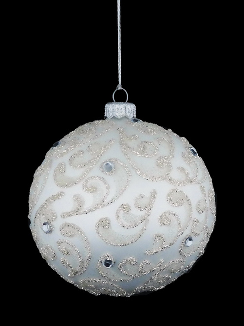 Set of 4 glass Christmas tree baubles in white with a feather motif