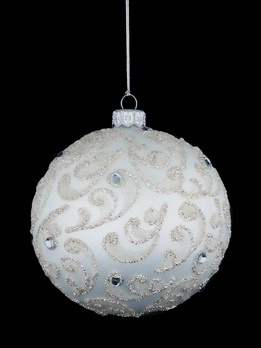 Set of 4 glass Christmas tree baubles in white with a feather motif