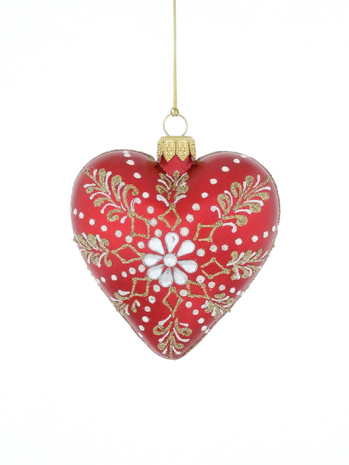 Set of 6 glass Christmas tree baubles in the shape of a burgundy heart
