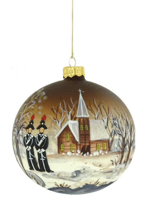 A glass Christmas tree ornament with a hand-painted church and carabinieri