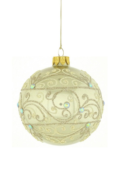 A set of 6 glass Christmas baubles in champagne color with an ornamental decoration.