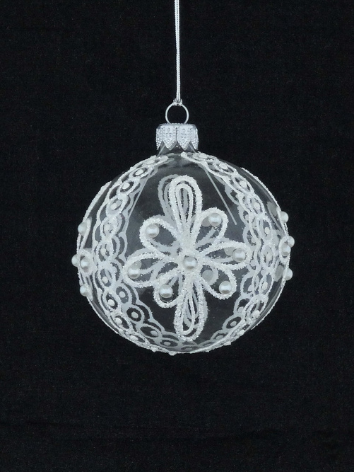  Set of 6 glass Christmas baubles with white decoration