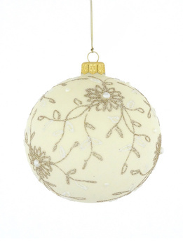 Set of 4 cream-colored glass Christmas tree baubles with a floral motif