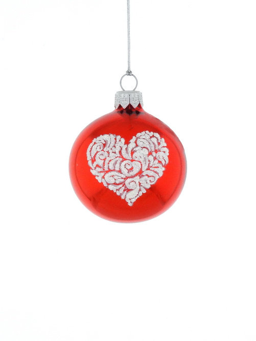 Set of 6 glass Christmas baubles with a heart motif