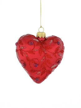 Set of 6 glass Christmas tree baubles in the shape of a burgundy heart