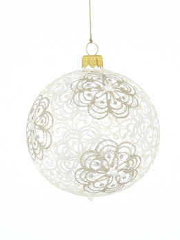 Set of 4 glass Christmas baubles with champagne decoration on clear glass.