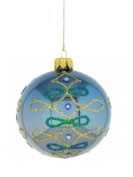 A set of 6 glass Christmas baubles in gold color with an ornamental decoration.